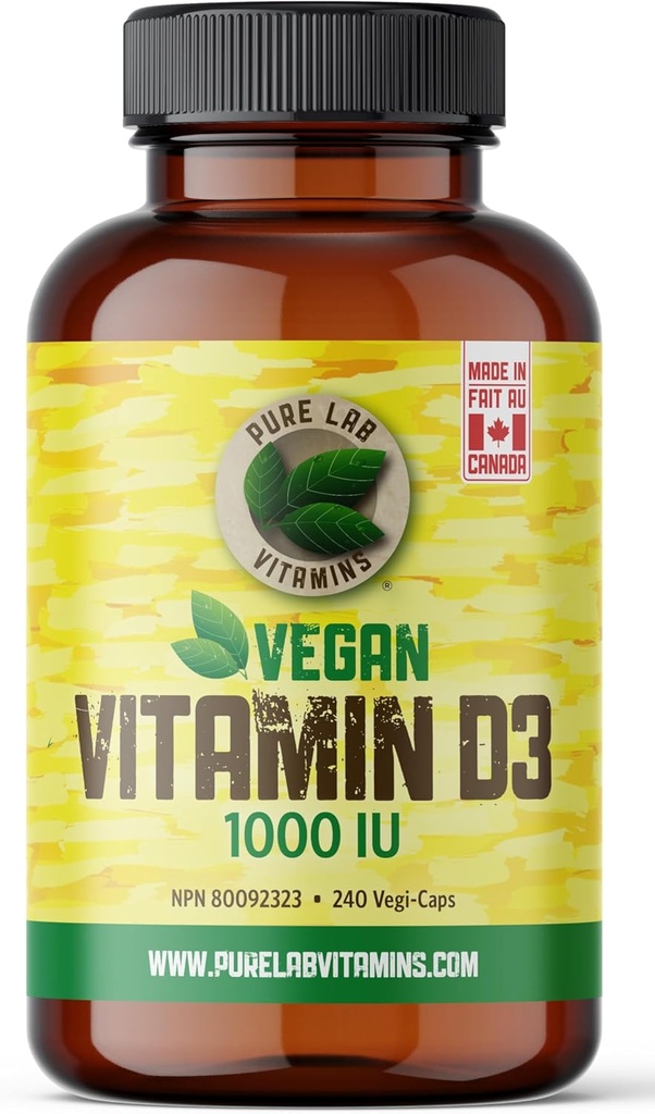 Pure Lab Vitamins Vegan Vitamin D3 1000IU, 240 Vegi-Caps Made in Canada
