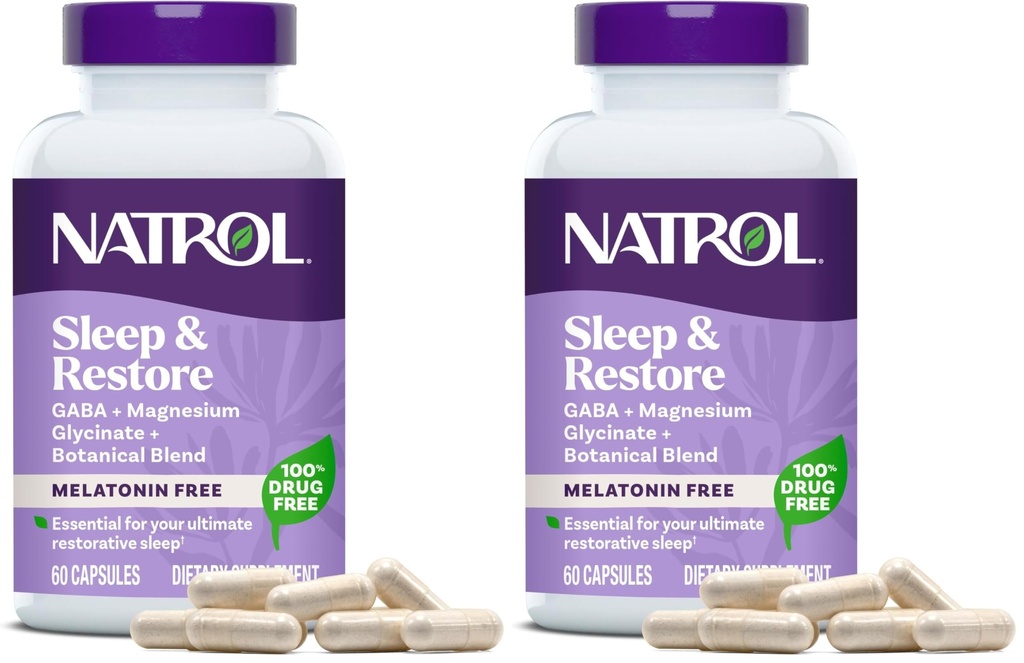 Natrol Sleep & Restore Capsules with Magnesium Glycinate 100mg,GABA,Essential for Your Ultimate Restorative Sleep,Melatonin-Free,30 Day Supply,(Pack of 2)