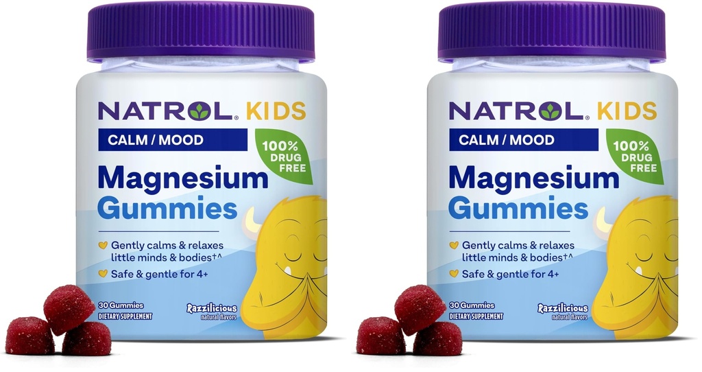 Natrol Kids Magnesium Citrate Gummies, Gently Calm & Relax Little Minds and Bodies, Plus Support Healthy Muscle Relaxation and Function, 30 Razzilicious Gummies, Up to a 30 Day Supply, (Pack of 2)