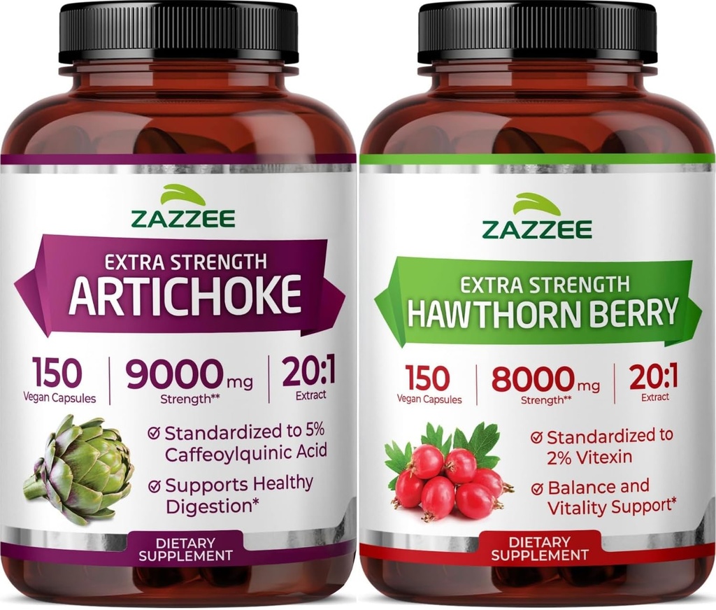Zazzee Herbal Cardio&Cholestero Support Bundle | Extra Strength 20:1 Hawthorn Berry Plus 20:1 Artichoke Leaf Extract Capsules | Non-GMO Vegan & ISO Lab Tested (150 Servings Each)
