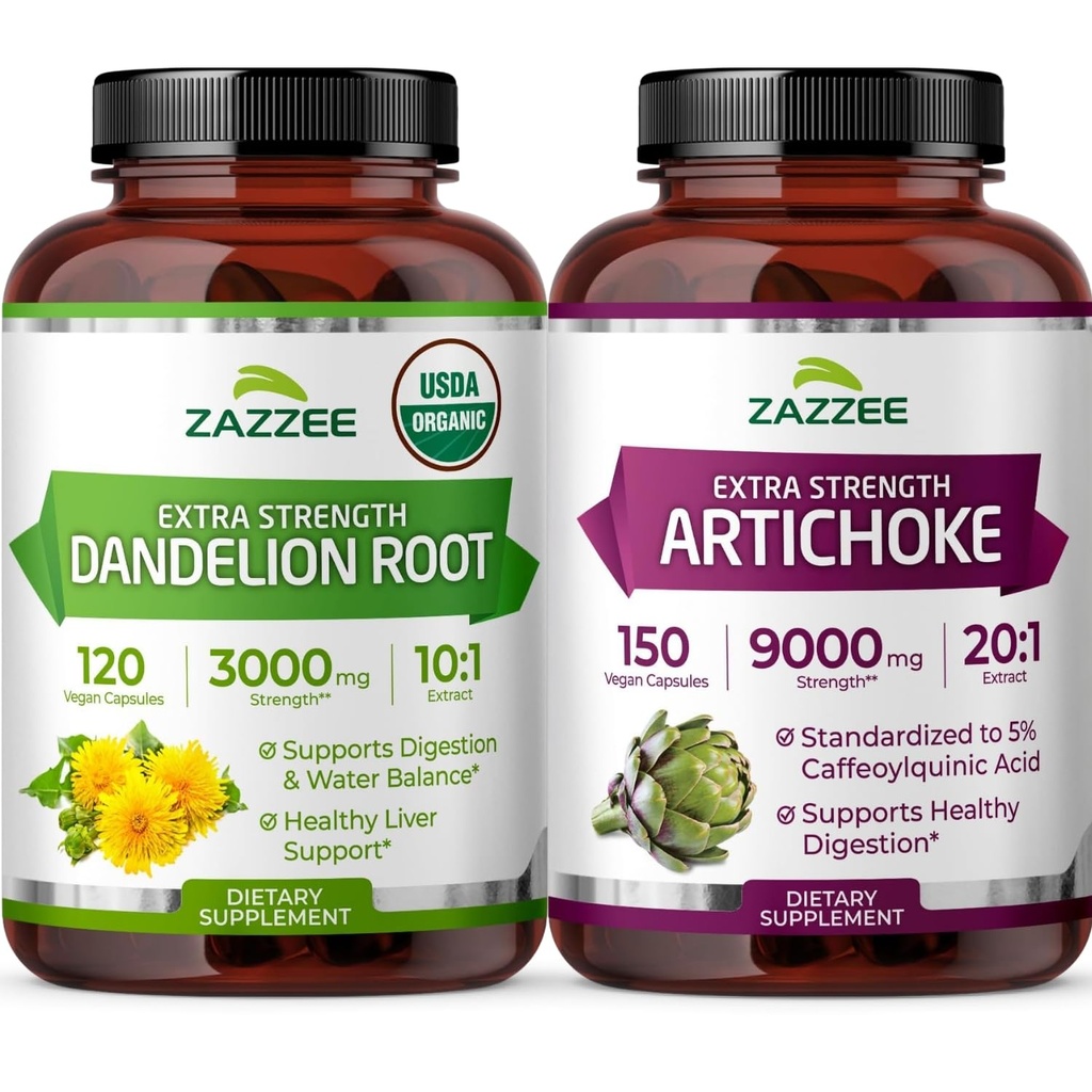 Zazzee Artichoke Leaf & Dandelion Root Bundle | 20:1 Artichoke Leaf Extract Plus 10:1 Organic Dandelion Root | Liver Cleanse Detox Bundle | Non-GMO Vegan & ISO Lab Tested