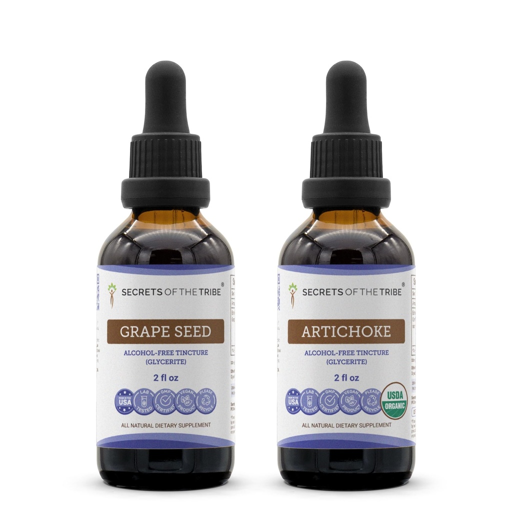 Secrets of the Tribe Grape Seed and Artichoke Liquid Extract (2 pcs.) | Alcohol-Free Tinctures | Grape (Vitis vinifera) Dried Seed and Artichoke (Cynara scolymus) Dried Leaf (2x2 fl oz)