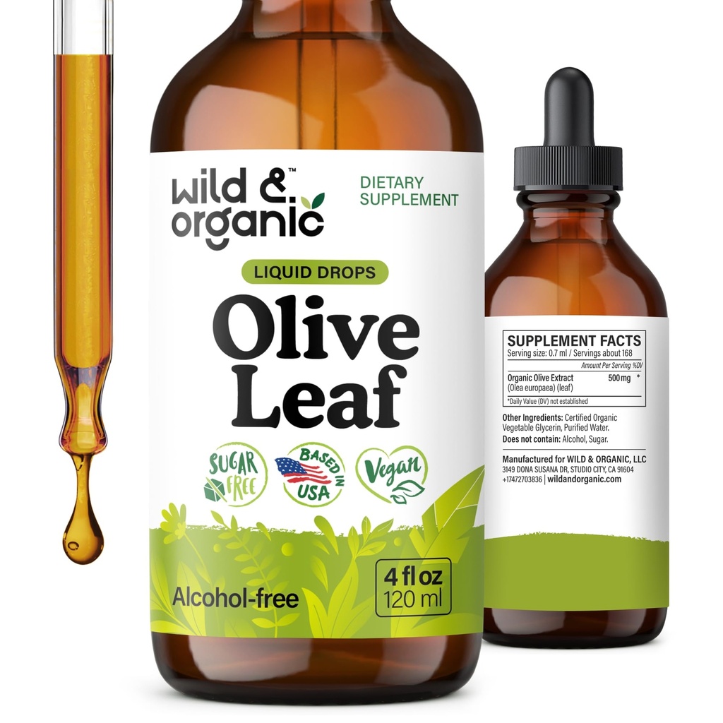 Wild & Organic Olive Leaf Extract Liquid Drops - Immune & Antioxidant Support - Oleuropein Supplement - Add to Tea Olive Leaf Tincture - Vegan, Sugar & Alcohol Free - 4 fl oz