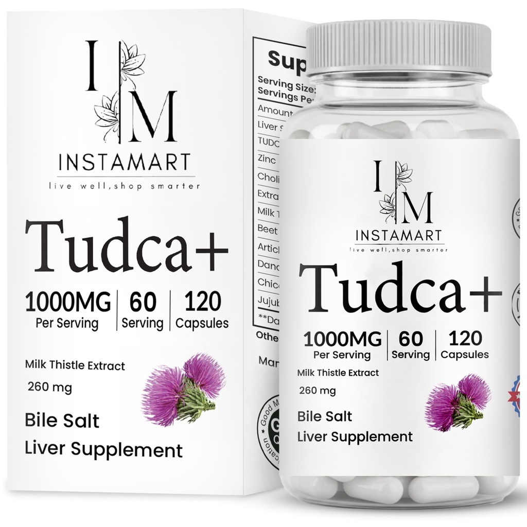 INSTAMART Tudca Supplement Organic 1000mg - Liver & Digestive Health Support, Bile Salts for No Gallbladder, Ultra Strength Cleanse Detox Formula with Milk Thistle & Artichoke Extract - 120 Capsules