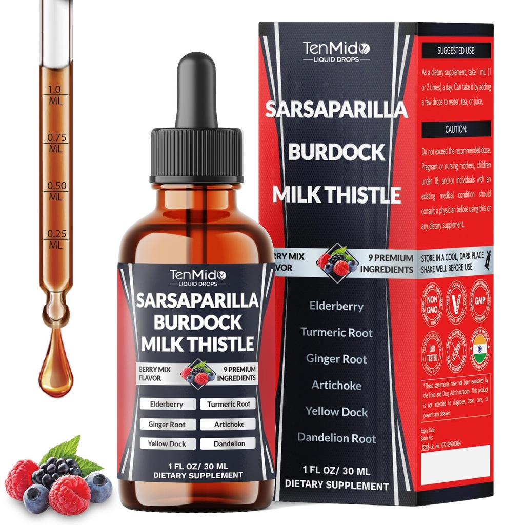 Sarsaparilla Root Tincture - 9in1 with Burdock Root, Milk Thistle, Turmeric, Ginger, Artichoke, Yellow Dock and Dandelion - Vegan, Non-GMO | 30ml 1Fl Oz