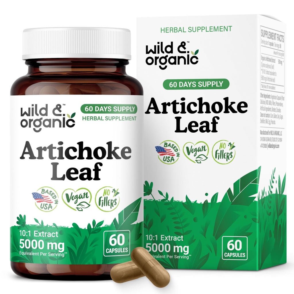 Wild & Organic Artichoke Extract Capsules 500 mg - Liver & Digestive Support - Artichoke Leaf Extract Supplement - Cynara Scolymus Leaf Powder - Vegan, No Fillers, Non-GMO - 60 Count