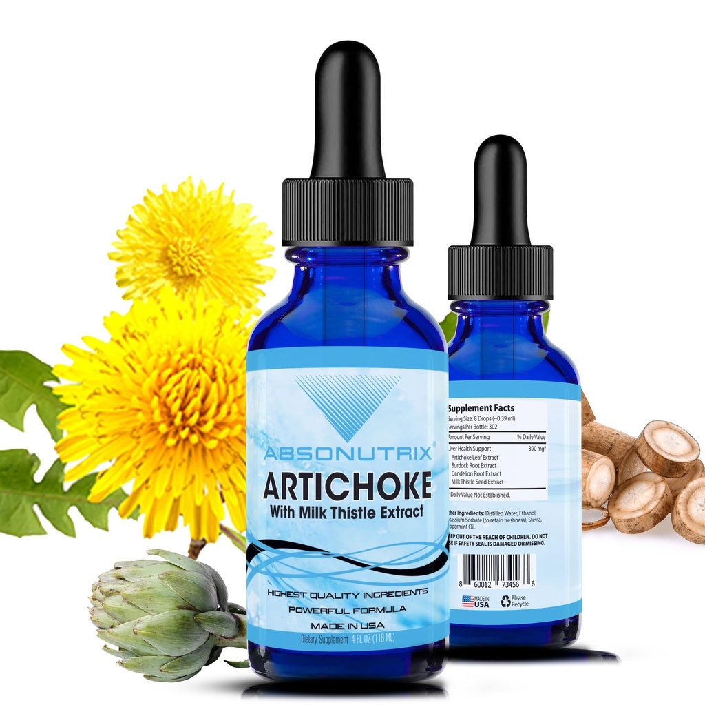 Absonutrix Artichoke with Organic Milk Thistle Extract, 390 mg, 4 FL OZ Liquid, 302 Servings, Made in USA, Potent Plant-Based Ingredients, Burdock Root Extract, Dandelion Root Extract,Non-GMO