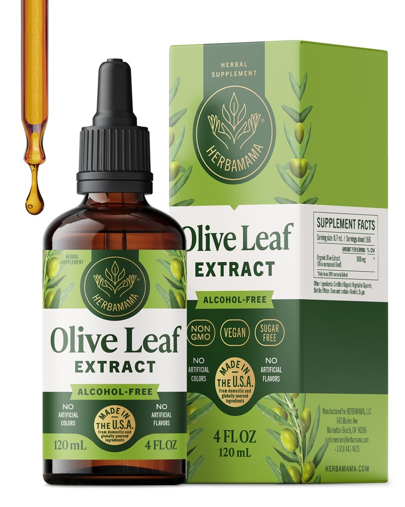 HERBAMAMA Olive Leaf Extract Liquid - Immune Support Supplement with Olive Oil Leaf Tincture - Non-GMO, Alcohol & Sugar-Free, 84-Day Supply
