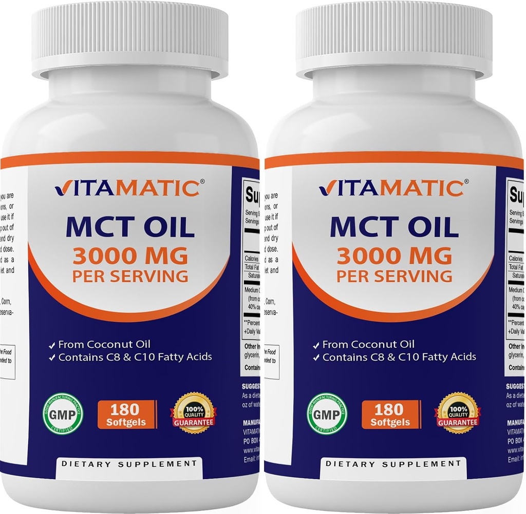 Vitamatic 2 Packs MCT Oil Capsules 3000 mg por Serving - 180 Softgels - de aceite de coco - Contiene 55% caprílico Acid C8 y 40% capric Acid C10 (Total 360 Softgel)