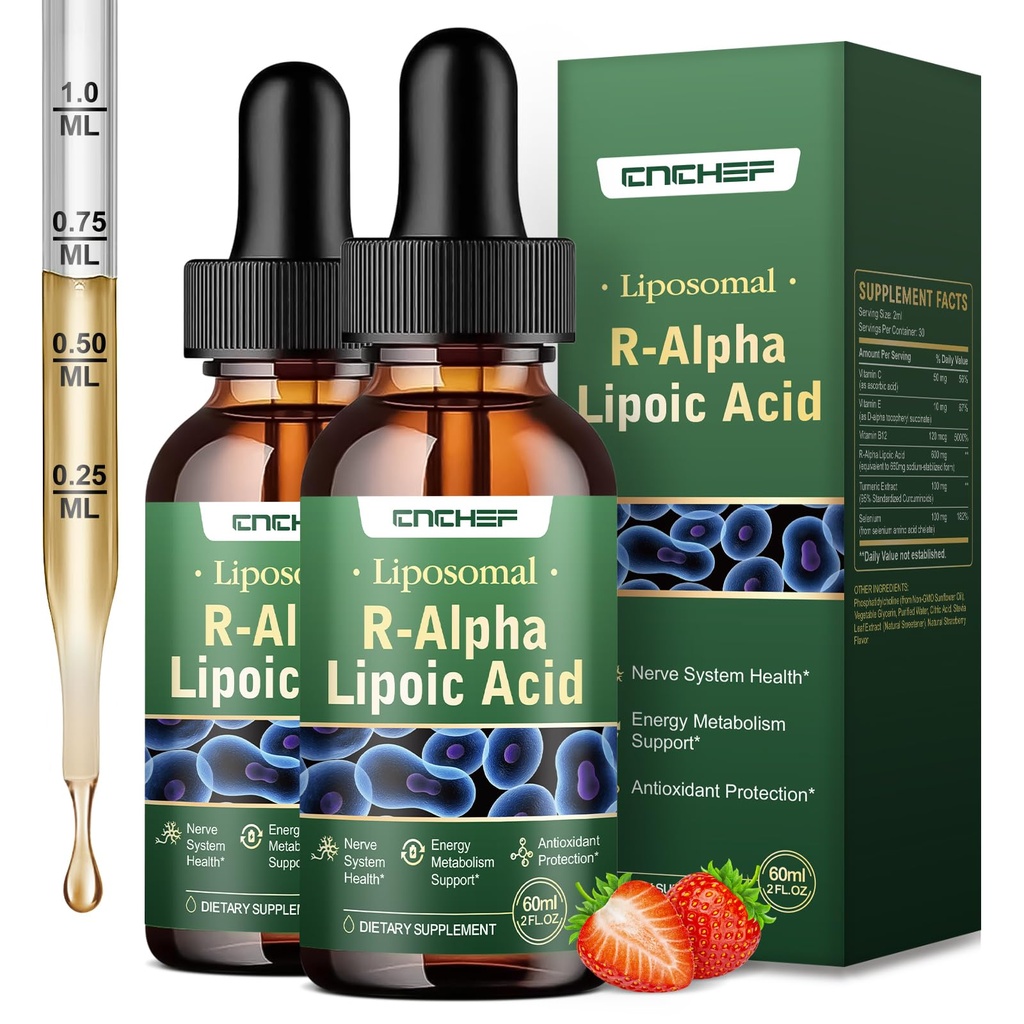 2PCS R Alpha Lipoic Acid Liquid Drops 600mg – ALA Supplement Nerve Savior for Neuropathy for Nerve, Energy & Metabolism Support - Extra Strength with Turmeric, Selenium, C E & B12, Strawberry Flavor