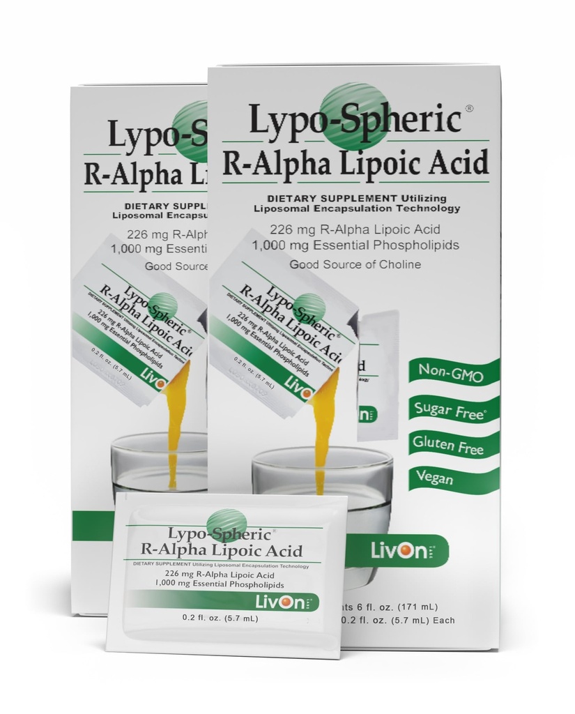 LivOn Laboratories Lypo–Spheric R–Alpha Lipoic Acid - 30 Packets – 226 mg R-ALA Per Packet - Liposome Encapsulated for Improved Absorption - 2 Pack