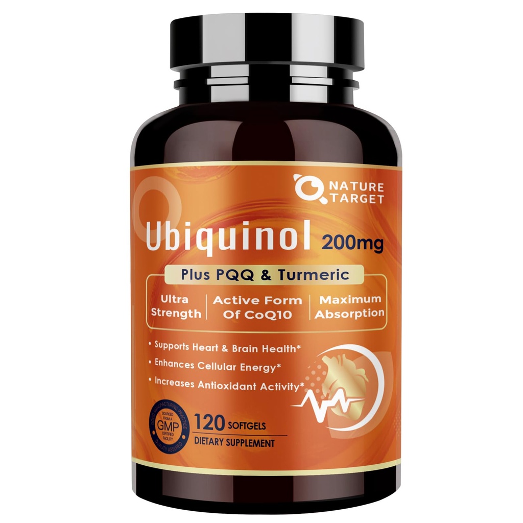 NATURE TARGET Ubiquinol CoQ10 200mg softgels con PQ &amp; Turmeric, alta absorción Coenzyme Q10 Suplemento con ALA &amp; Black Pepper, Antioxidante para la salud del cerebro, producción de energía, 120 Conde