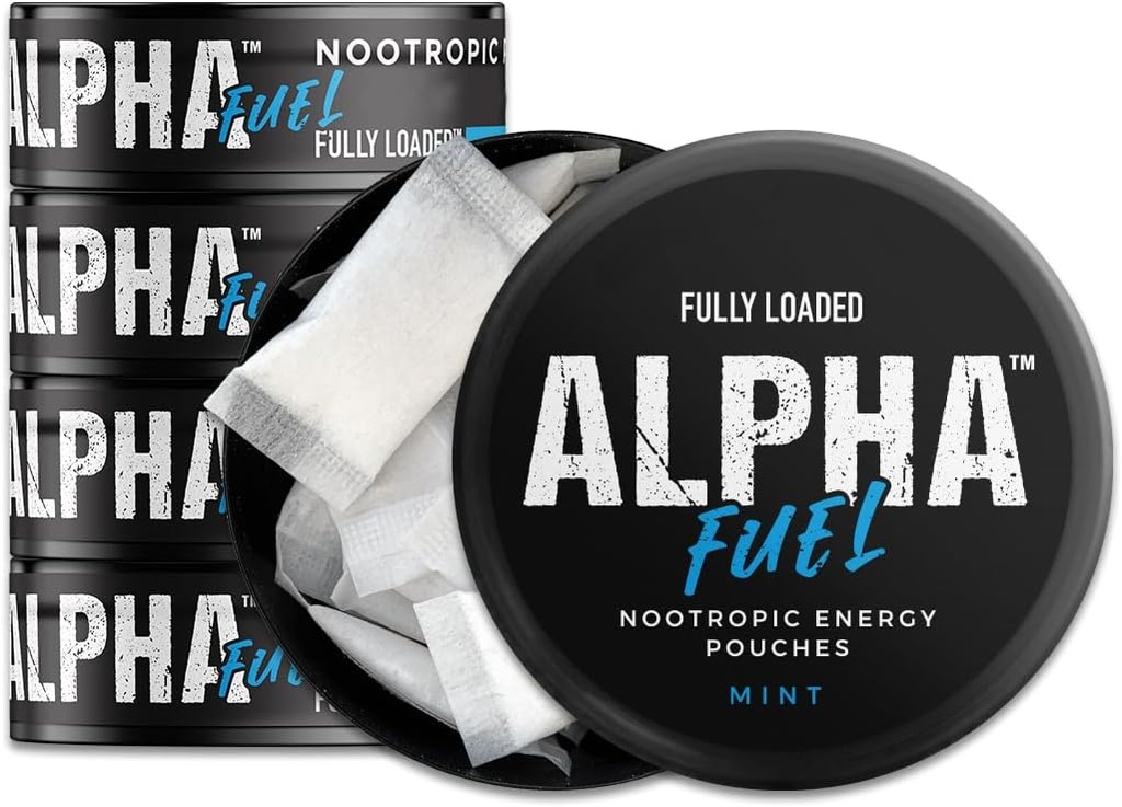 Totalmente cargado Alpha Fuel Nootropic Pouches (Mint Fuel) - 5 Cans, 15 Pouches por lata - Nootropic Energy Pouches with Caffeine, Alpha GPC, Tyrosine, Taurine, Guarana y Más.