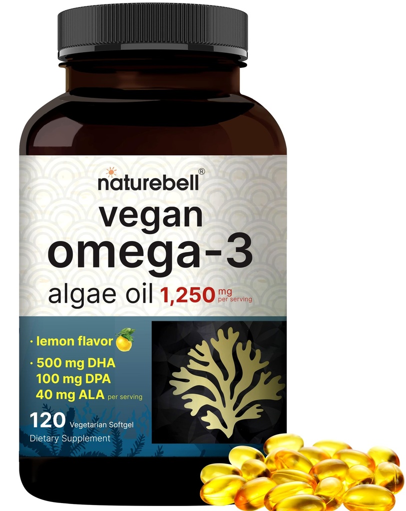 Vegan Omega 3 Algae Oil Supplement, 120 Veggie Softgels | Carrageenan Free, Plant-Based DHA & DPA | Fish Oil Alternative | Full Spectrum of Omega 3 with Flaxseed & ALA | Lemon Flavored