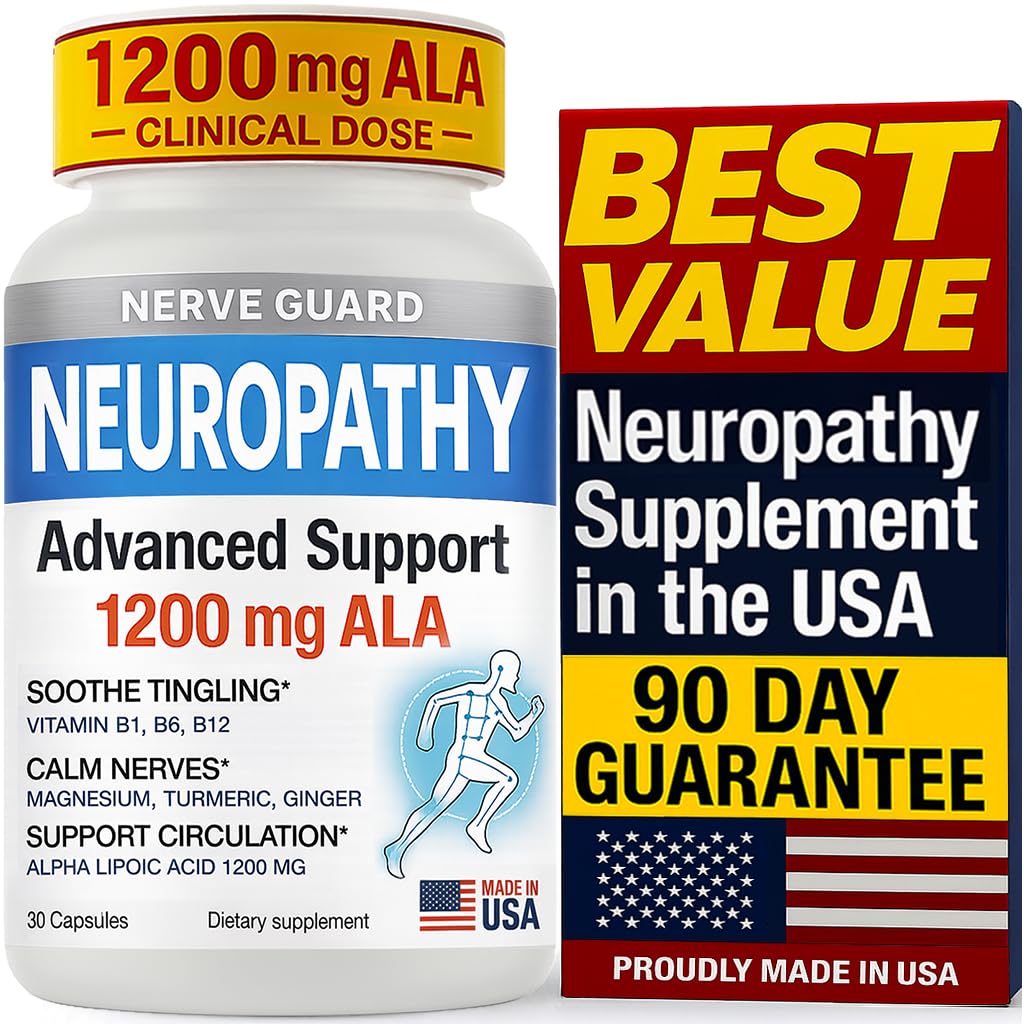 Neuropathy Support Supplement with 1200 mg Alpha Lipoic Acid to Fortify Nerves in Fingers Hands Toes & Feet – 1200mg ALA, Vitamins B12 B6 & B1, Magnesium – 30 Capsules