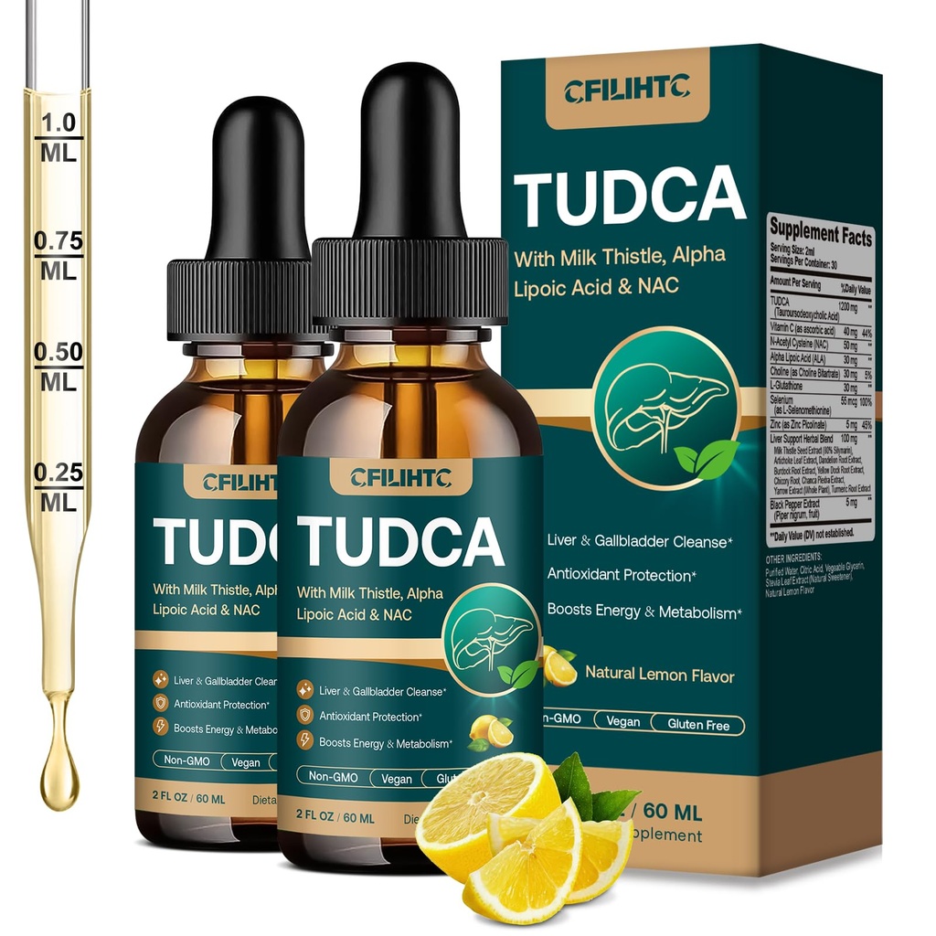 TUDCA Bile Salts 1200mg Liquid Drops - Advanced Tudca Liver Supplement with ALA, NAC & Glutathione for Bile Flow, Gallbladder Health & Antioxidant Defense, High-Absorption, Lemon 2 fl oz 2 Pack