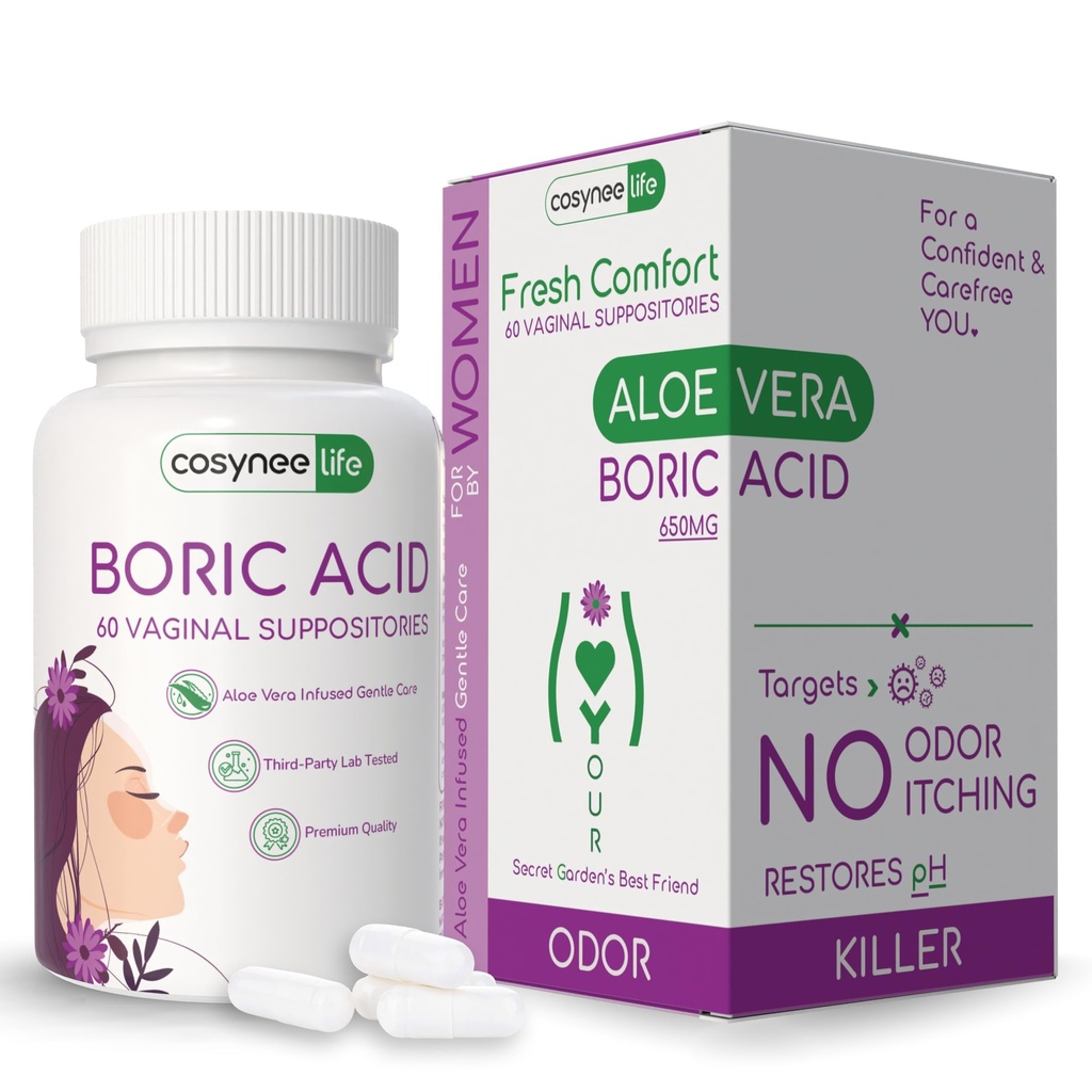 cosynee Boric Acid Capsules for Women with Aloe Vera – 60 Capsules, 650mg Each – Feminine Hygiene Support