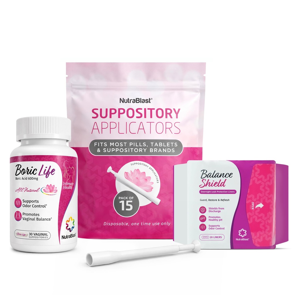 NutraBlast Boric Acid Suppositories 600mg (30 Count) Bundle with Disposable Applicators (15-Pack) and Balance Shield Panty Liners (180mm, 20-Pack)