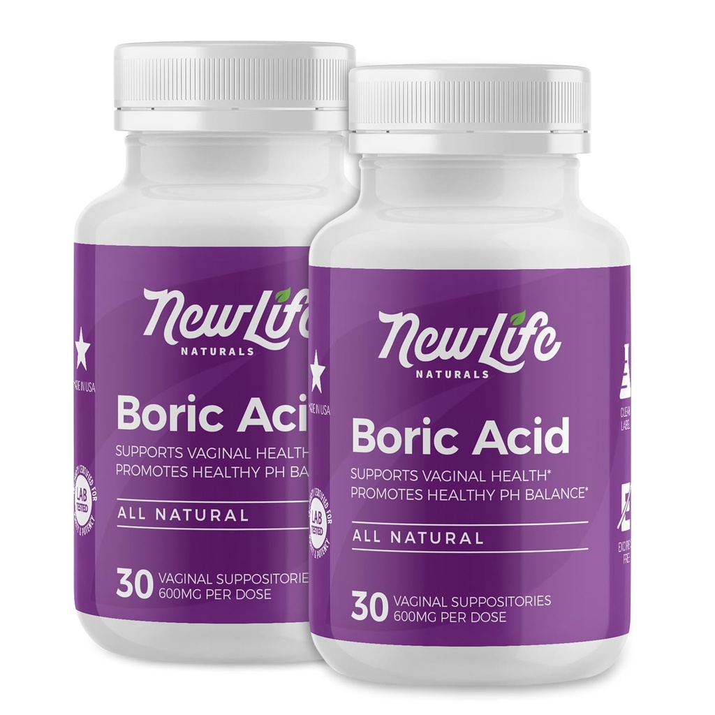 NewLife Naturals Boric Acid Suppositories for Women - 600mg | pH Balance Pills | Feminine Care | 2 Pack (60 Capsules) | Made in USA