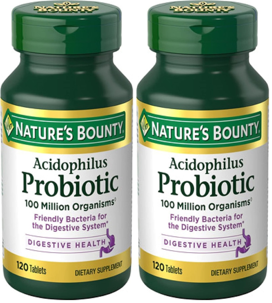 Nature's Bounty Lactobacillus Acidophilus Probiotic Supplement - Daily Probiotic for Women/Men Digestive Health,100 Million Organisms,Vegetarian,1 Serving per Day,120 Tablets,(Pack of 2)