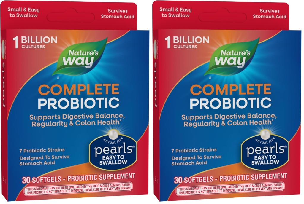 Nature's Way Complete Probiotic Pearls,Supports Digestive Balance*,1 Billion Live Cultures,Supplement for Men and Women,No Refrigeration Required,30 softgels,(Pack of 2)