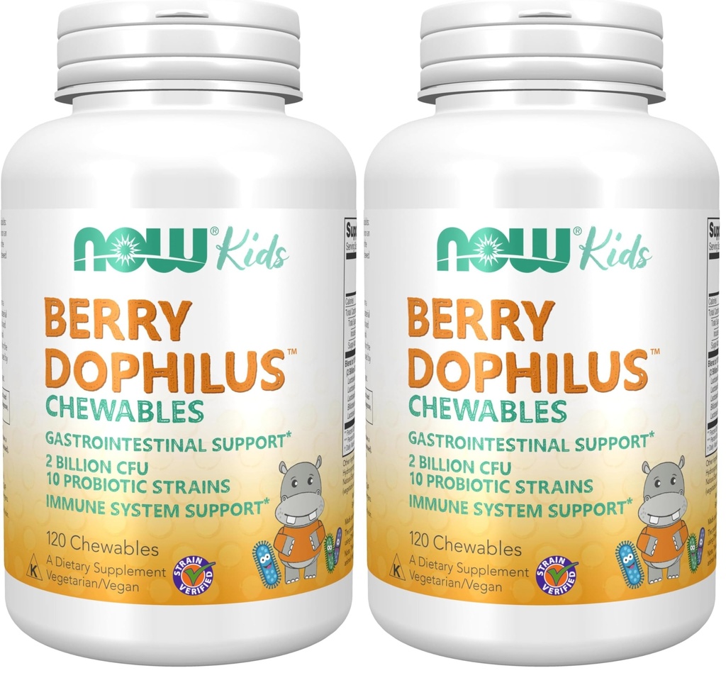 NOW Foods Supplements,BerryDophilus™ with 2 Billion,10 Probiotic Strains,Xylitol Sweetened,Strain Verified,120 Chewables,Packaging May Vary,(Pack of 2)