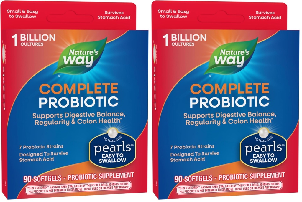 Nature's Way Complete Probiotic Pearls,Supports Digestive Balance*,1 Billion Live Cultures,Supplement for Men and Women,No Refrigeration Required,90 softgels,(Pack of 2)