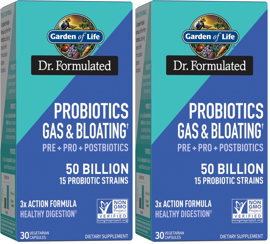 Garden of Life Dr. Formulated Pre, Post & Probiotics Gas & Bloating Once Daily 3-in-1 Complete Prebiotics, Postbiotics & Probiotics – 50 Billion CFU, Non-GMO, Gluten-Free, 30 Day Supply, (Pack of 2)