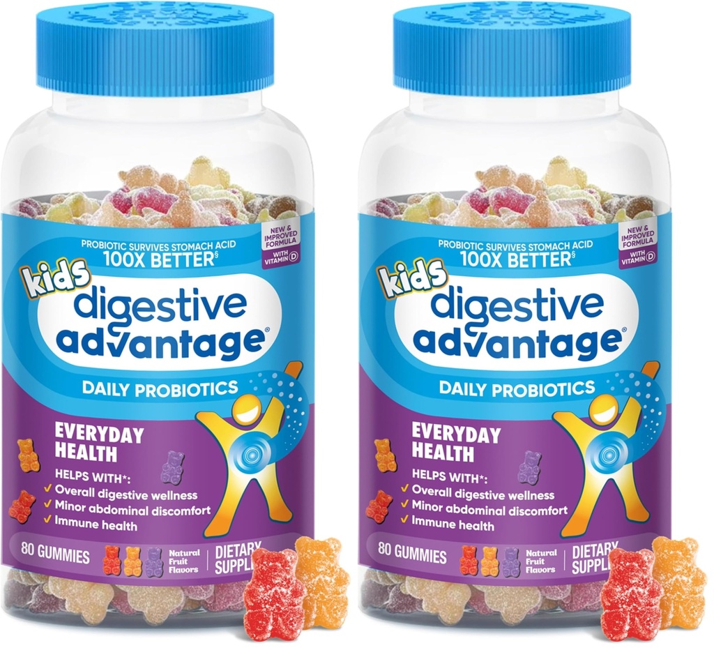 Digestive Advantage Daily Probiotic Gummy for Kids, Multi, Natural Fruit Flavours, 80.0 Count (Pack of 2)