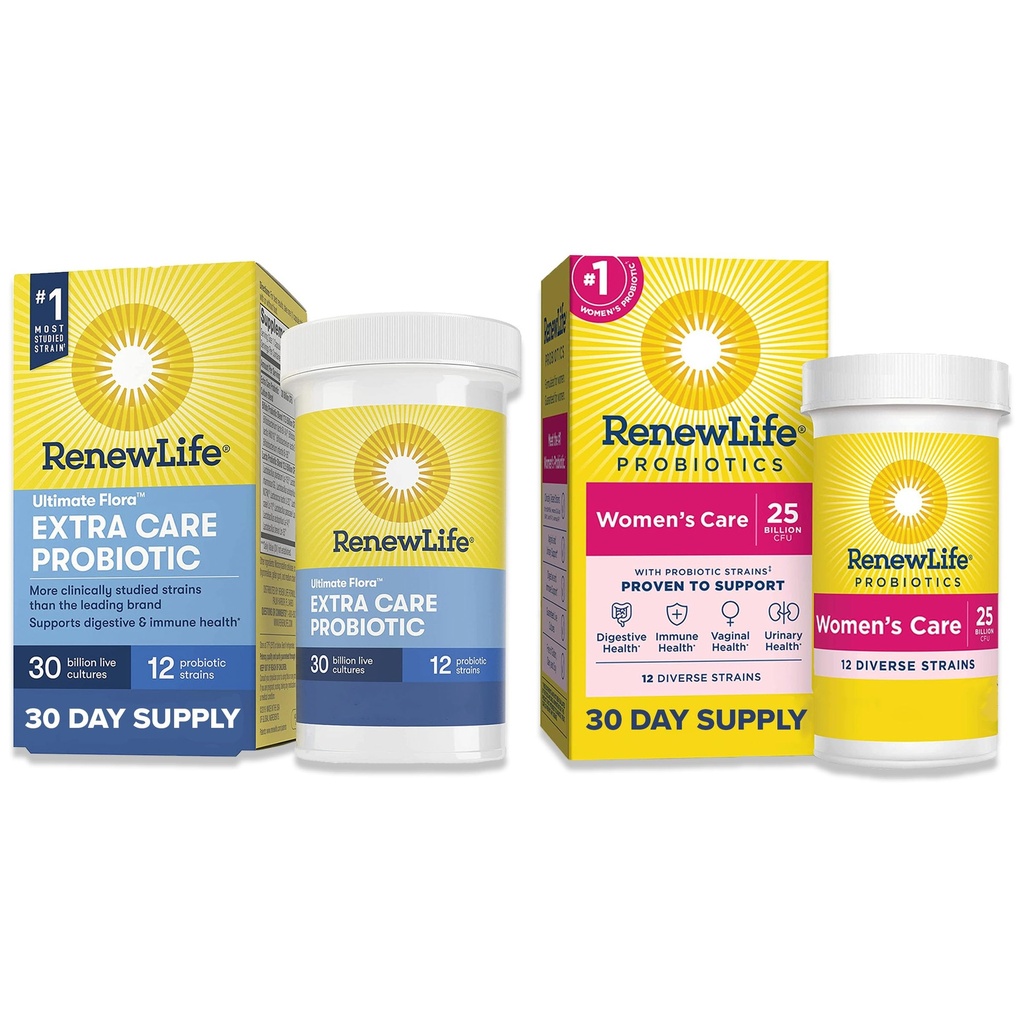 Renew Life Probiotic for Men & Women Bundle Bundle, Pribiotic Supplements for Digestive & Immune Support, Shelf Stable, Gluten Free, Extra Care (30B CFU) & Women's Care (25B CFU) 60 Capsules