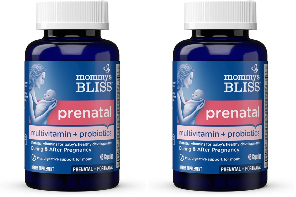 Mommy's Bliss Prenatal Multivitamin Probiotic for Women w/Folic Acid, Supports Baby Development & Digestion w/Zinc, Vitamin B6 & B12, Ginger & Choline, Vegan & Gluten Free (45 Servings) (Pack of 2)