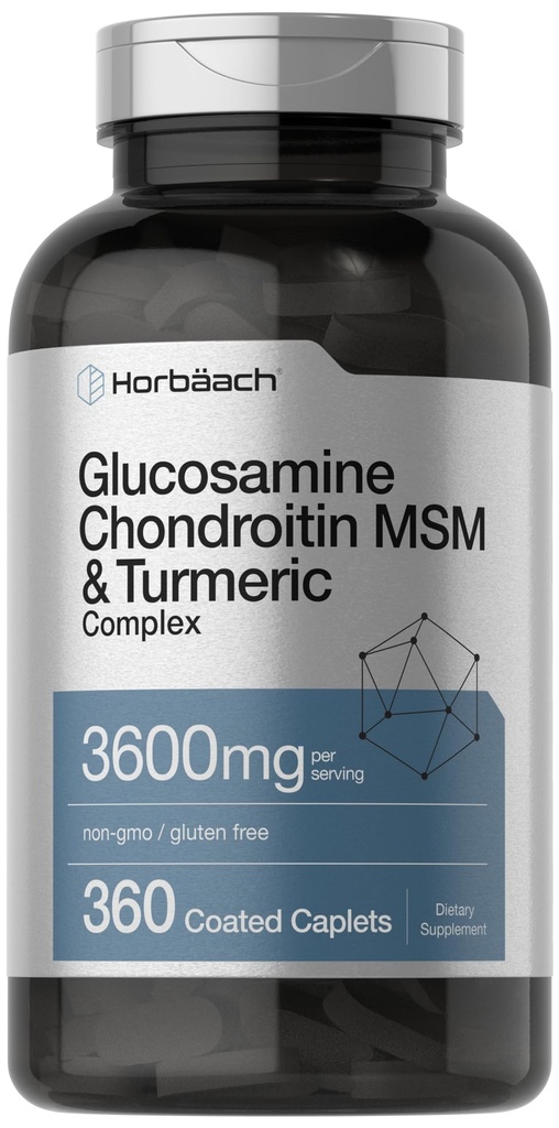Horbäach Glucosamine Chondroitin MSM | 360 Caplets | Advanced Formula with Turmeric | Non-GMO, Gluten Free