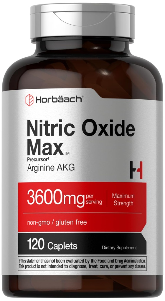 Horbäach Nitric Oxide Max 3600mg | 120 Caplets | with Arginine AAKG for Men and Women | Vegetarian, Non-GMO, & Gluten Free Pre Workout Supplement