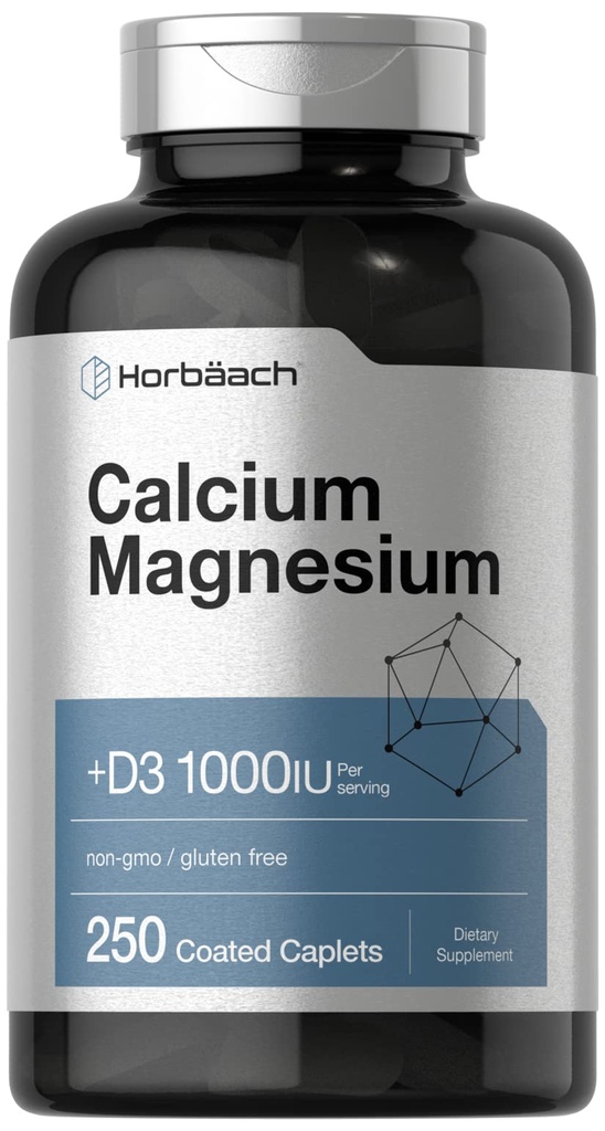 Horbäach Calcium Magnesium D3 Supplement | 1000 IU D3 | 250 Coated Caplets | Non-GMO & Gluten Free