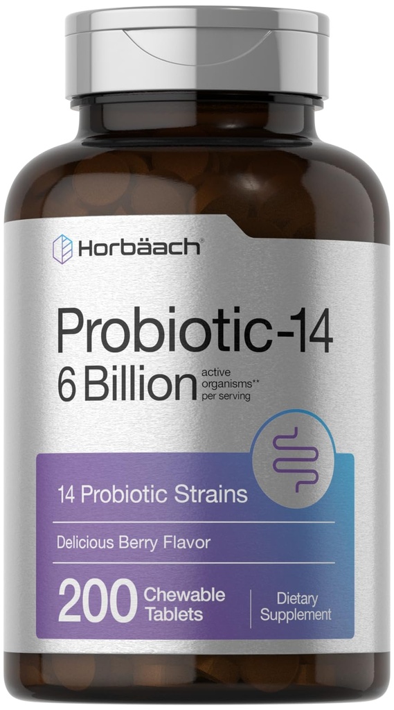 Horbäach Probiotics 6 Billion CFUs | 200 Chewable Tablets | Berry Flavor | 14 Probiotic Strains | Vegetarian, Non-GMO & Gluten Free Supplement for Men & Women