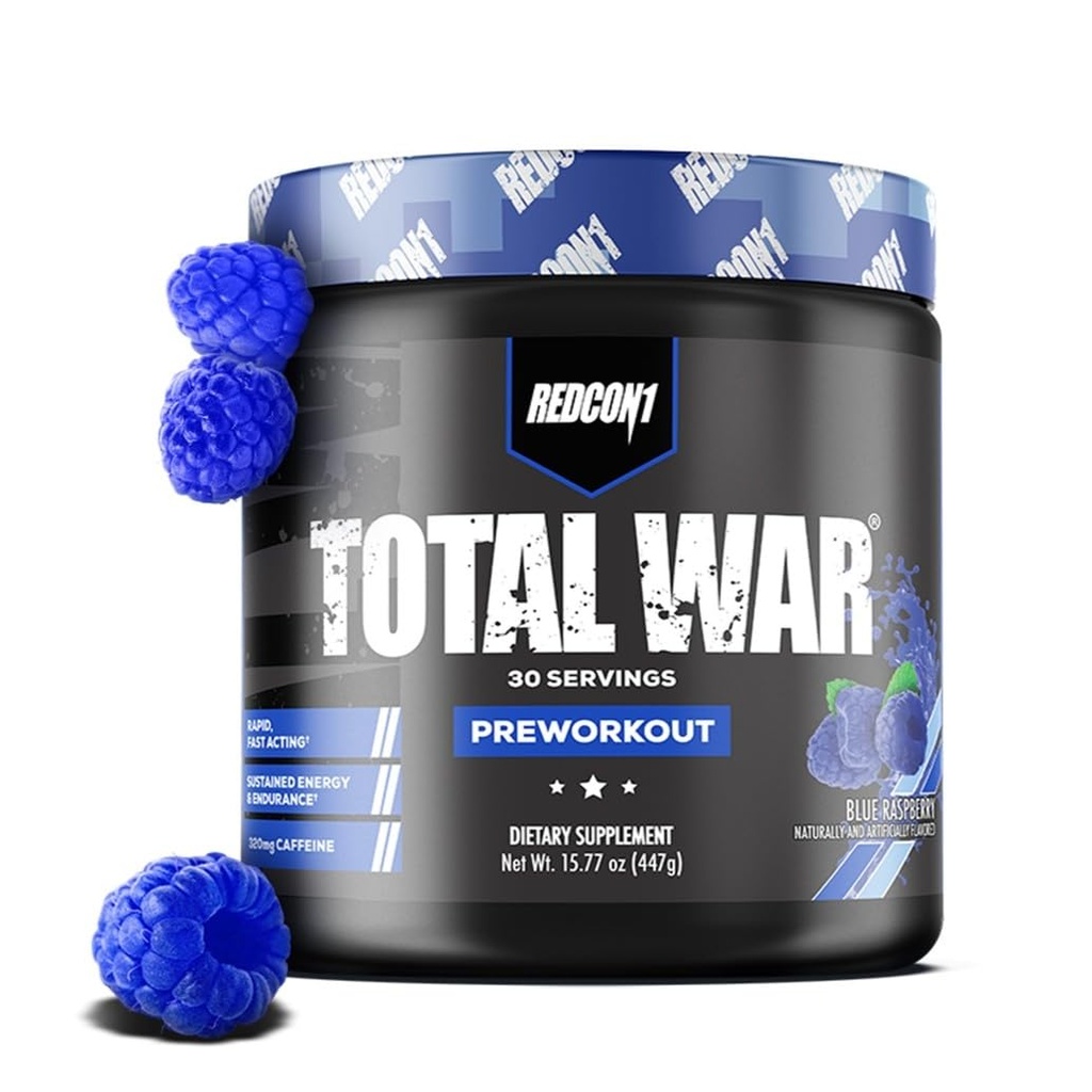 REDCON1 Total War Pre Workout, Blue Raspberry - Beta Alanine + Citrulline Malate Keto Friendly Preworkout for Men & Women with 320mg of Caffeine - Fast Acting (30 Servings)