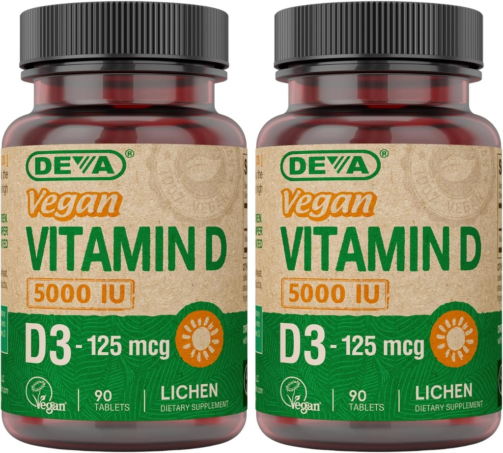 DEVA Vitamina D3 5000 UI, Suplemento Sunshine, 125 mcg de Vegan D3, Botella 90-Count (Pack of 2)