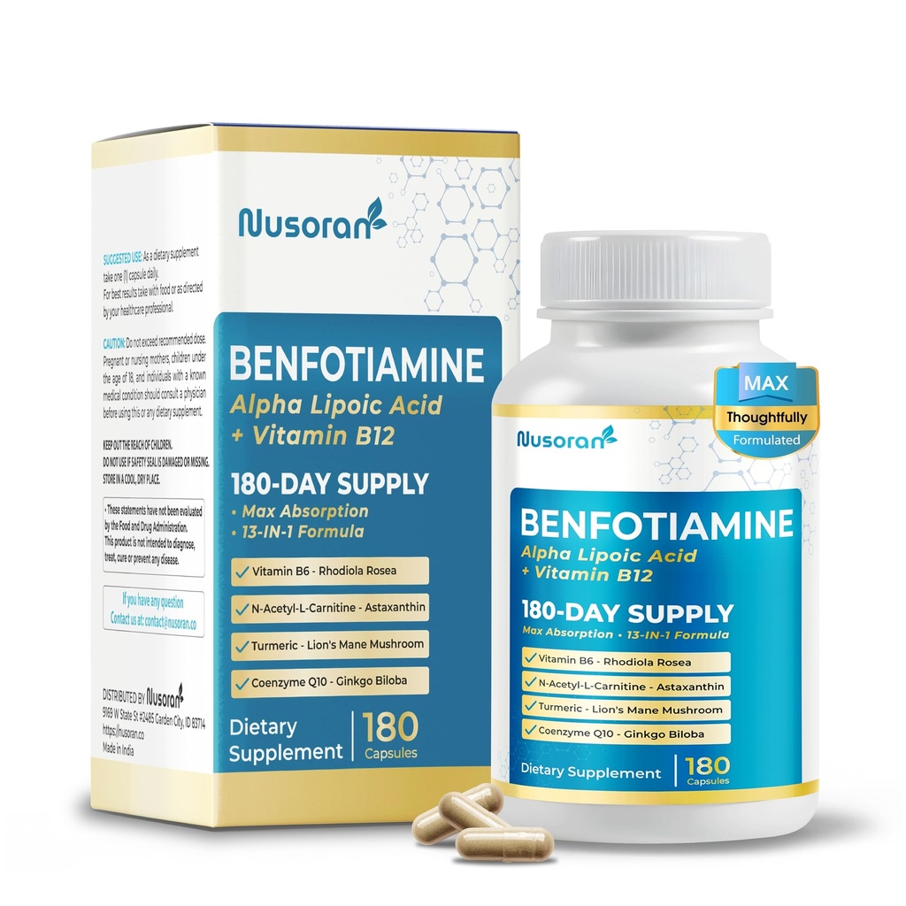 Ultra Benfotiamine - 13-in-1 with Alpha Lipoic Acid, Vitamin B12, CoQ10, Rhodiola - Max Absorption -180 Capsules - Non-GMO, Gluten-Free, Lab Tested