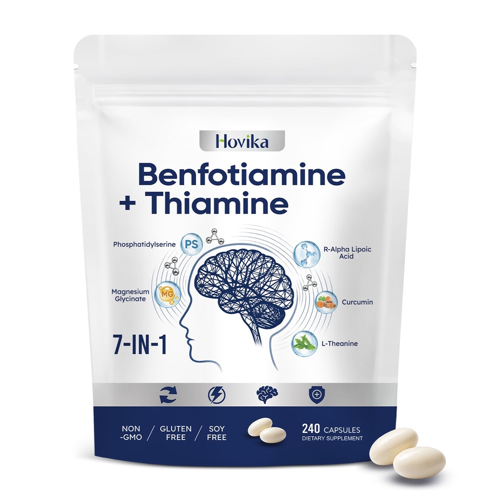 Vitamin B1 Benfotiamine 300mg with R-ALA 600mg & Thiamine - Advanced Nerve Support Supplement with Phosphatidylserine, L-Theanine, Turmeric & Magnesium - Non-GMO, Gluten Free, 240 Capsule