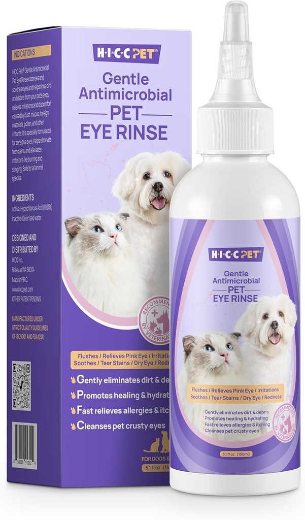 HICC PET Dog Eye Drops 5.1 fl oz Eye Drops for Dogs and Cats Vet-Recommended Dog Eye Infection Treatment to Soothe Infection Allergy, Relieve Dry Eyes Pink Eyes, Pet Tear Stain Cleaner