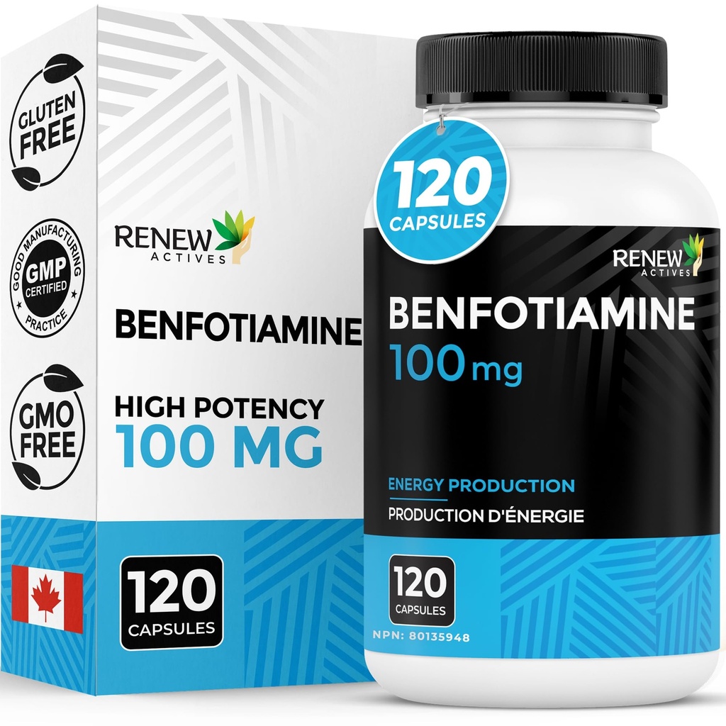 Renew Actives Benfotiamine 100mg – Supports Energy Production & Overall Wellness – Vegan, Non-GMO, Gluten-Free – 120 Capsules