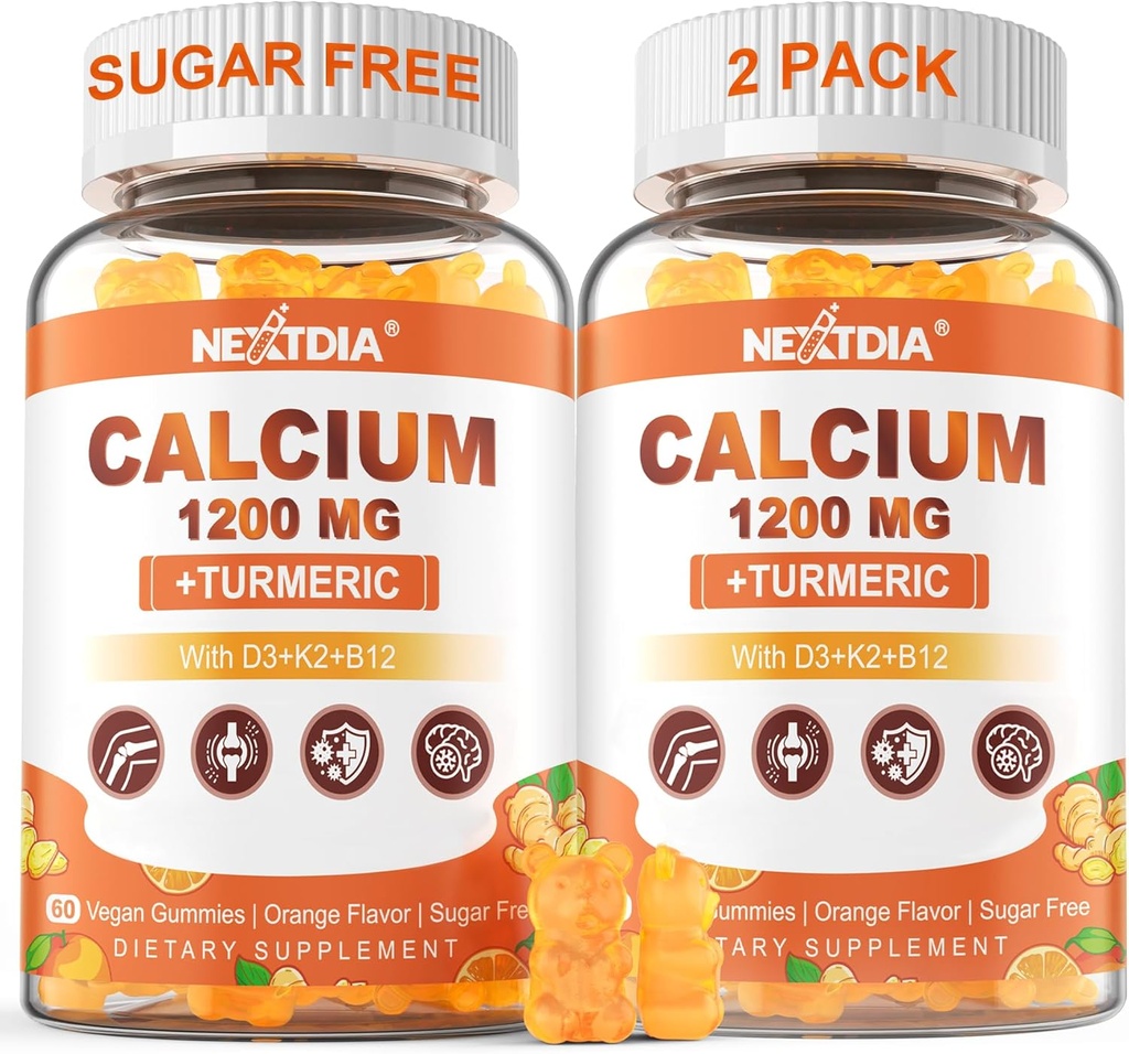Calcio 1200 mg con vitamina D3 Gummies - Calcio + Suplemento Turmérico para Mujeres y Hombres con Vitamina K2 B12 - Soporte Bono &amp; Muscle - Sugar Gratis - Vegan (120 Conteo)
