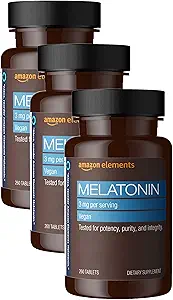 Elementos Melatonina 3mg, Ayuda con insomnio ocasional, Vegan, Desflavorado, 260 Tabletas, 8 Month Supply (Packaging May Vary) (Pack of 3)