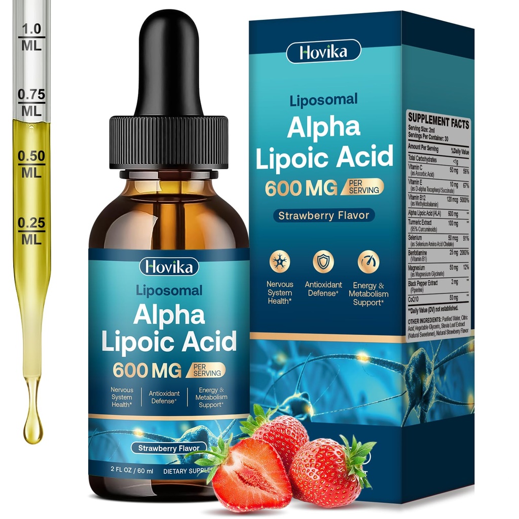 Liposomal Alpha Lipoic Acid Liquid Drops 600mg - Neuropathy Supplements Liquid for Nerve, Energy & Metabolic Support with Benfotiamine, Turmeric, Selenium & C, E & B12, Strawberry 2 Fl Oz