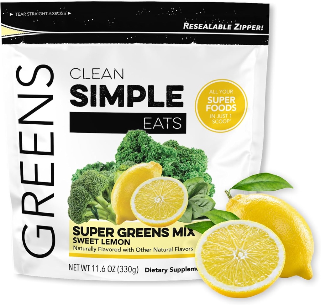 Comidas simples limpias Super Verdes Polvo, Verdes Saborados Naturalmente Polvo con Clorella, Spirulina, Superalimentos & Fibra Prebiótica, Sin Ingredientes Artificiales, Sin gluten, Sabor de limón dulce, 30 Servimientos