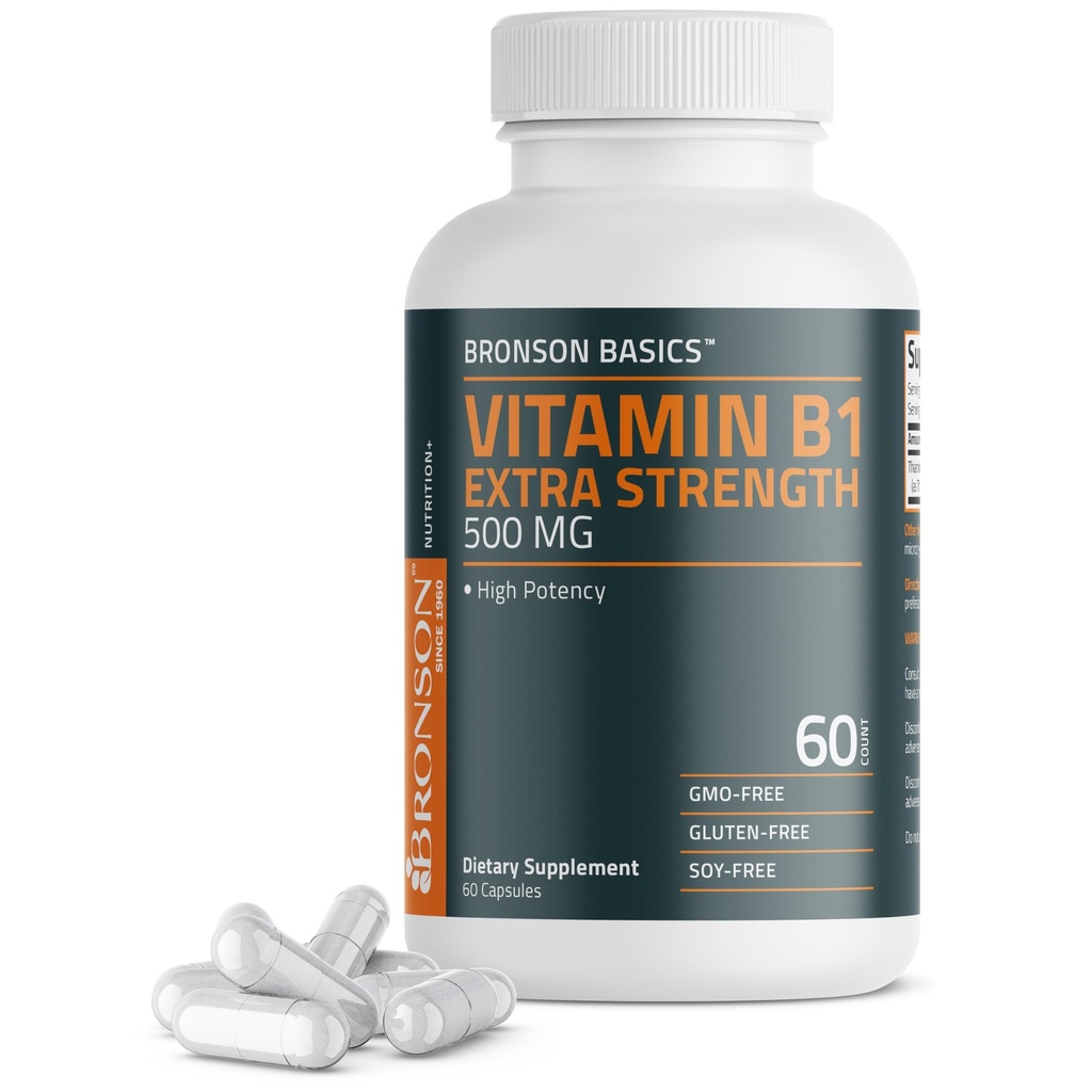 Bronson Vitamin B1 Extra Strength 500 MG High Potency Non-GMO, 60 Capsules