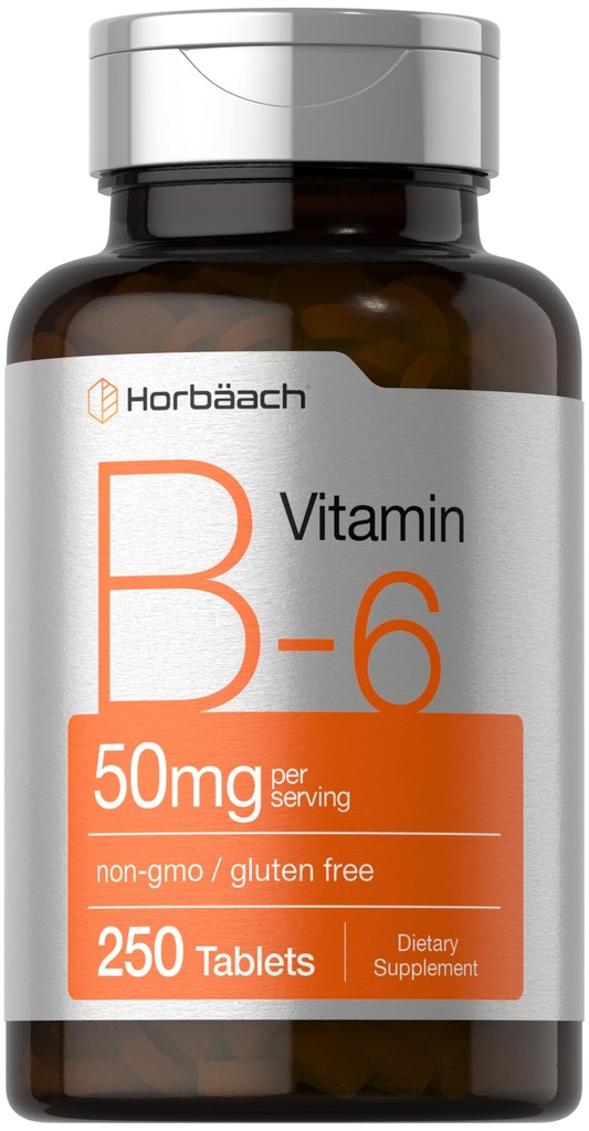 Horbäach B6 Vitamin 50mg | 250 Tablets | Non-GMO & Gluten Free Supplement