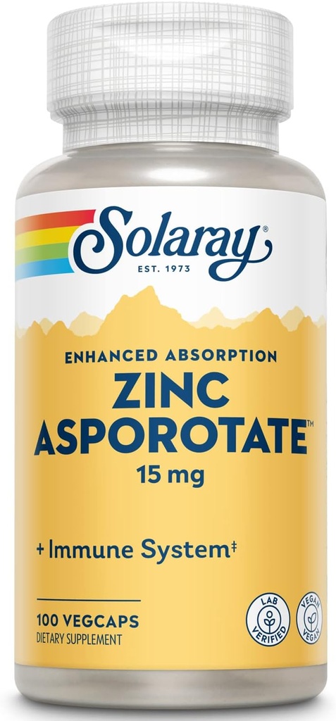 Solaray Zinc Asporotate 15mg Complejo Chelated ← Immune & Endocrine Support, Cell &amp; Skin Health Formula, 100 VegCaps