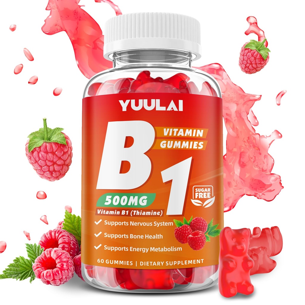 Vitamin B1 Gummies 500mg for Adults & Kids, Thiamine B1 Supplement with Magnesium, Vitamin B1 Supplement for Nervous System Supports & Boost Energy, Raspberry Flavor, 60 Count