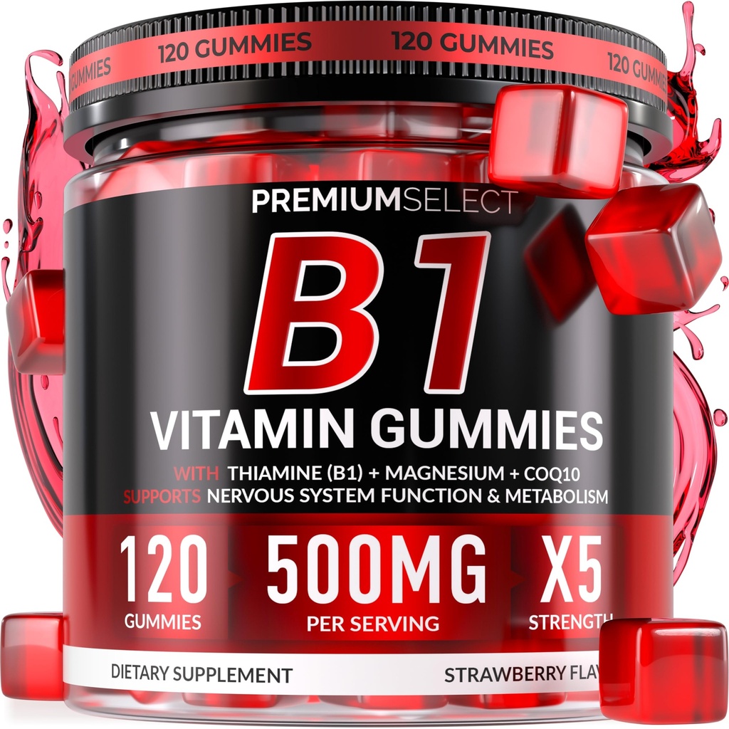 Vitamin B1 Gummies – Sugar-Free Thiamine Supplement with CoQ10 & Magnesium – B1 Gummies for Adults – 120 Gummy Supplement, 2-Month Supply